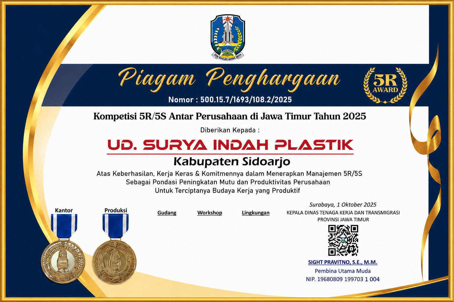 UD. Surya Indah Plastik berhasil meraih Penghargaan 5R Award 2025 untuk Kategori Kantor dan Produksi.
